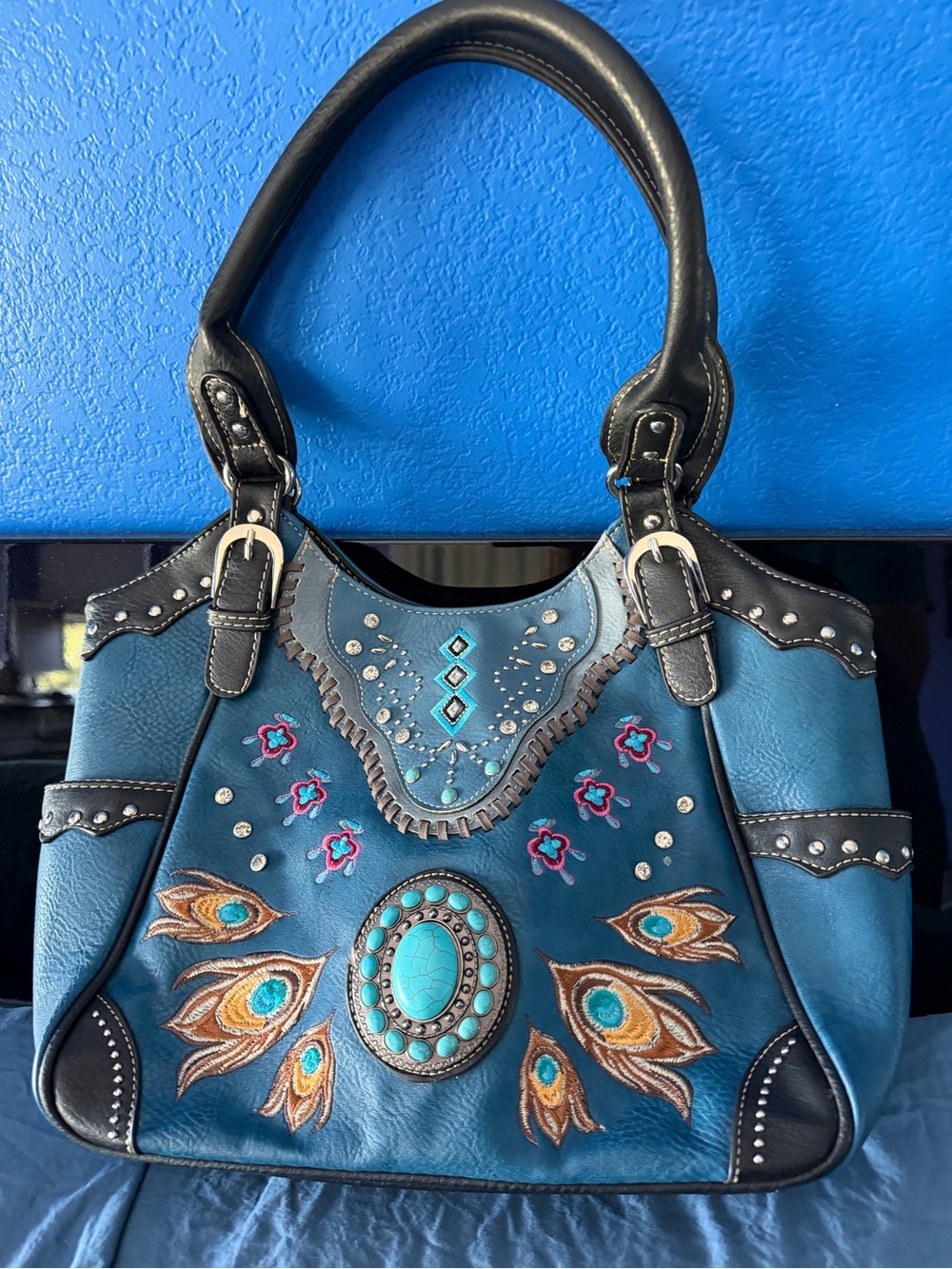 Blue  Embroidered Peacock Motif Women’s Tote Bag